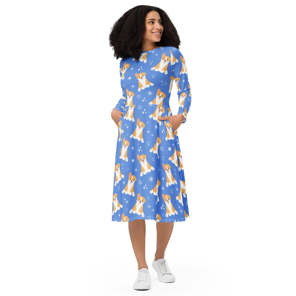 Women's Blue Corgi Dog Long Sleeve Midi Dress With Pockets