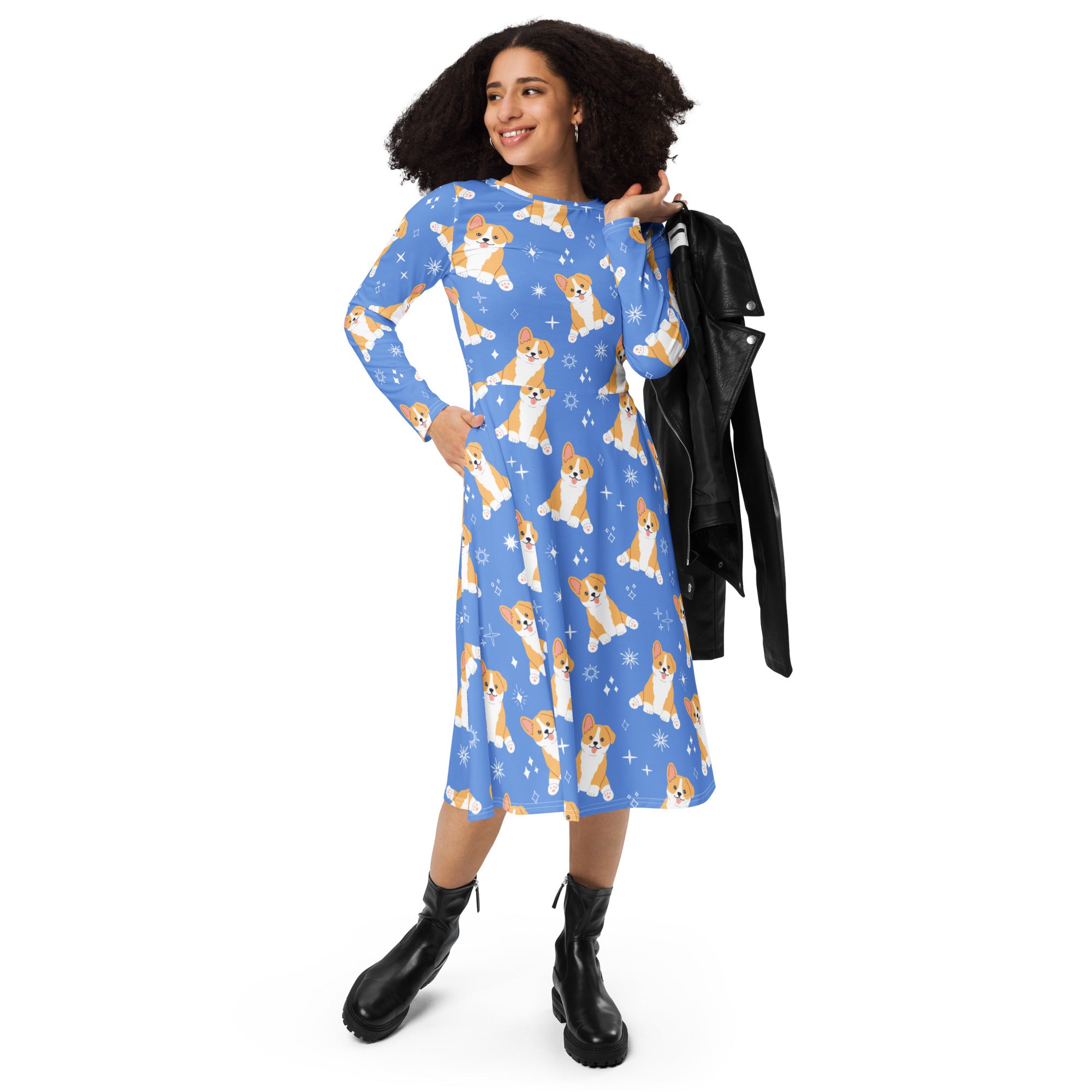 Women's Blue Corgi Dog Long Sleeve Midi Dress With Pockets