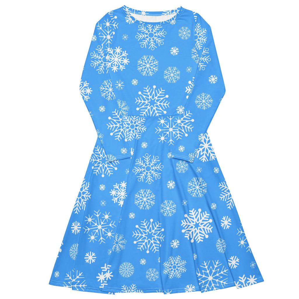 A vibrant blue long-sleeved midi dress with white snowflake pattern and pockets for women