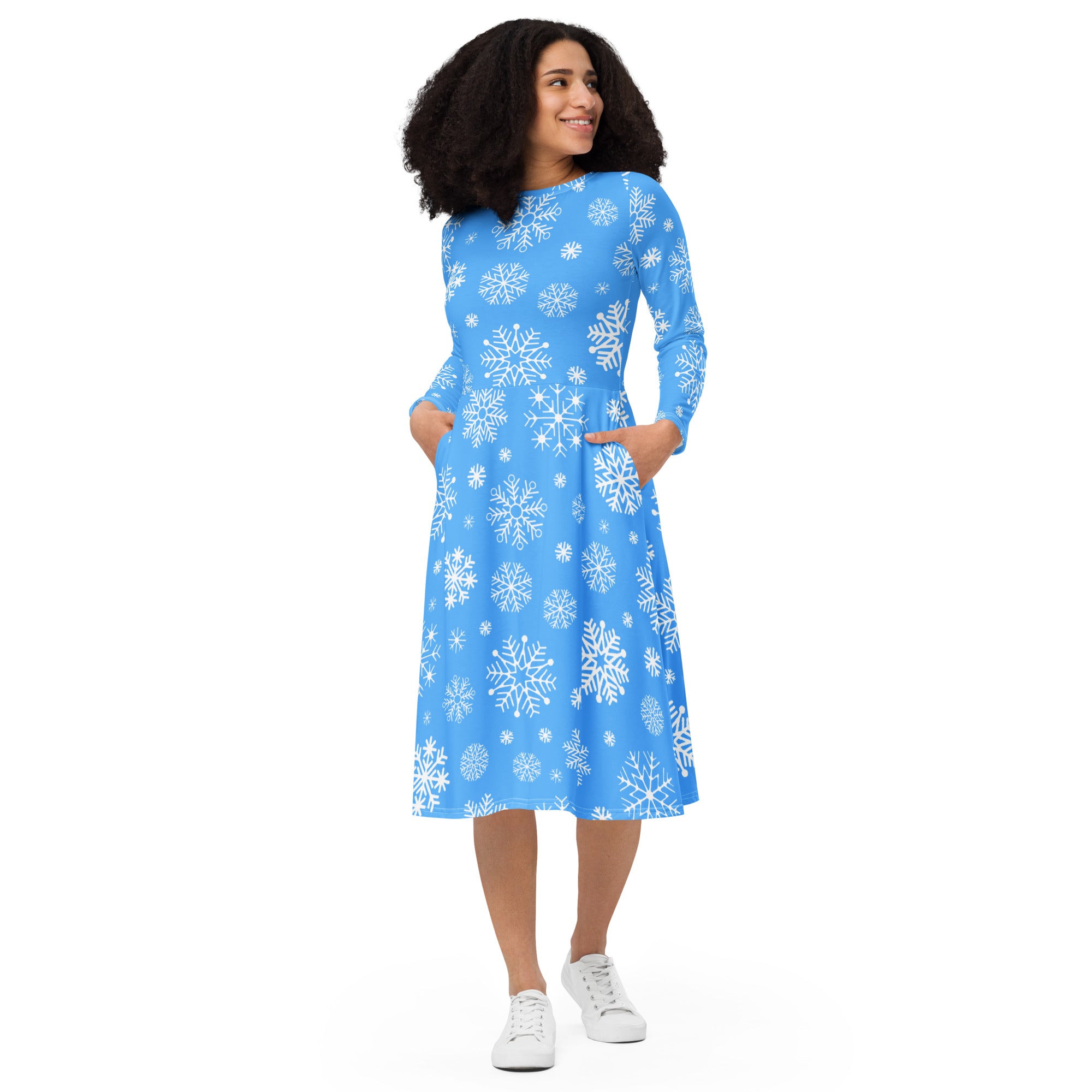 Women’s blue snowflake long sleeve midi dress with side pockets made from soft comfortable fabric