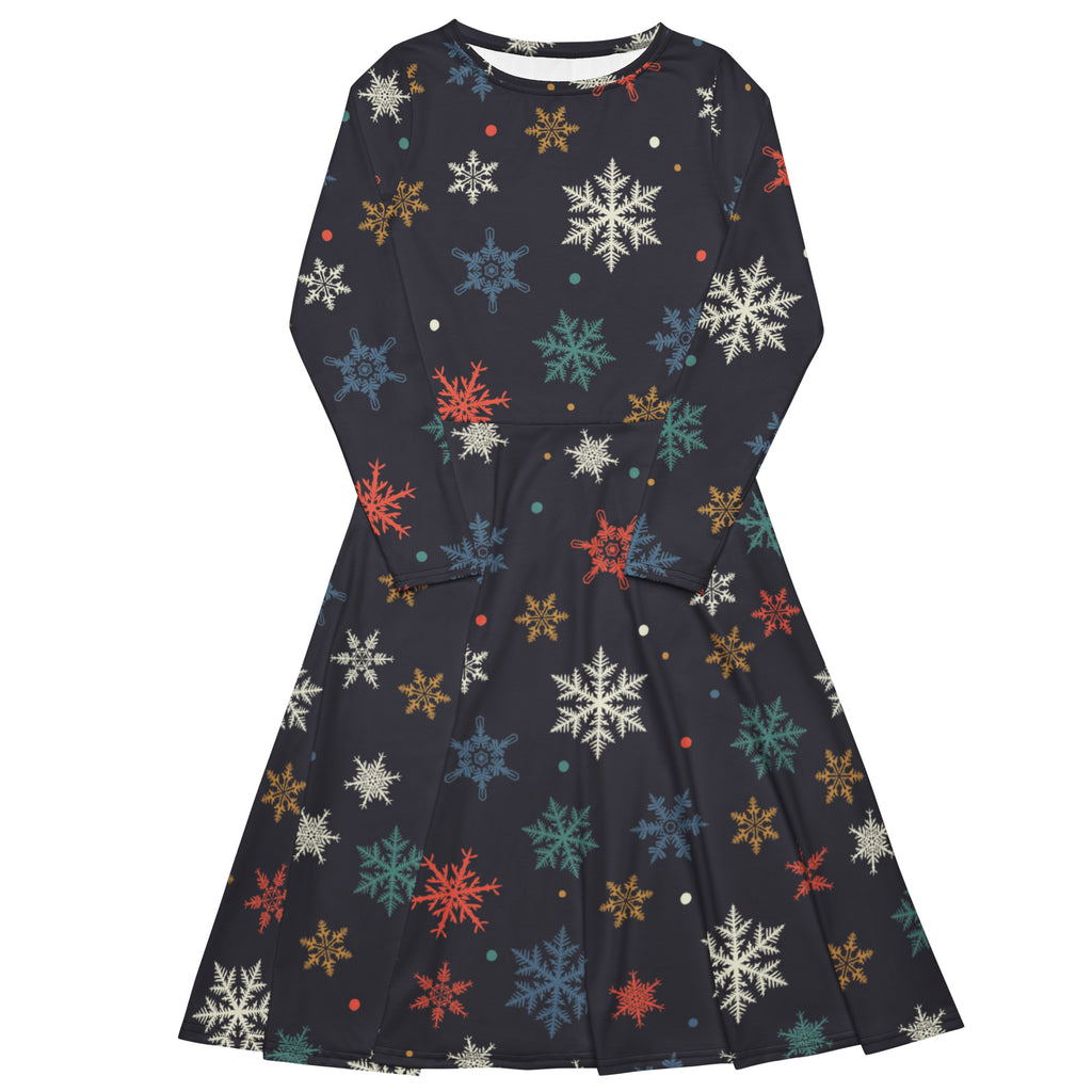 Women’s black long-sleeved midi dress with multicolored snowflake pattern and pockets for festive wear