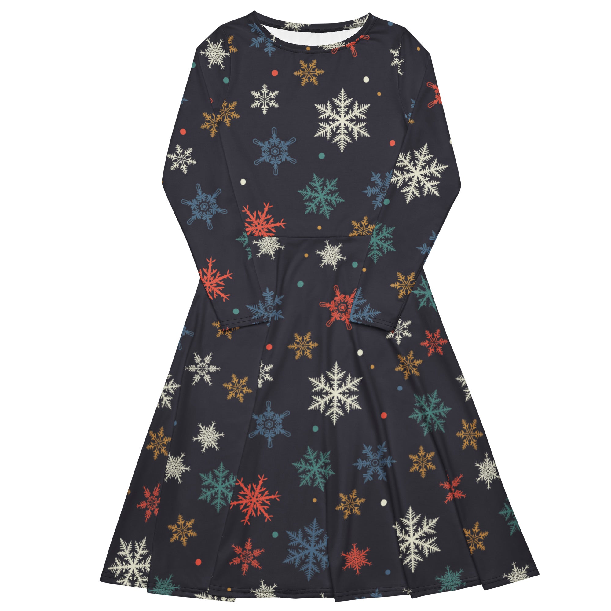 Women’s black long-sleeved midi dress with multicolored snowflake pattern and pockets for festive wear