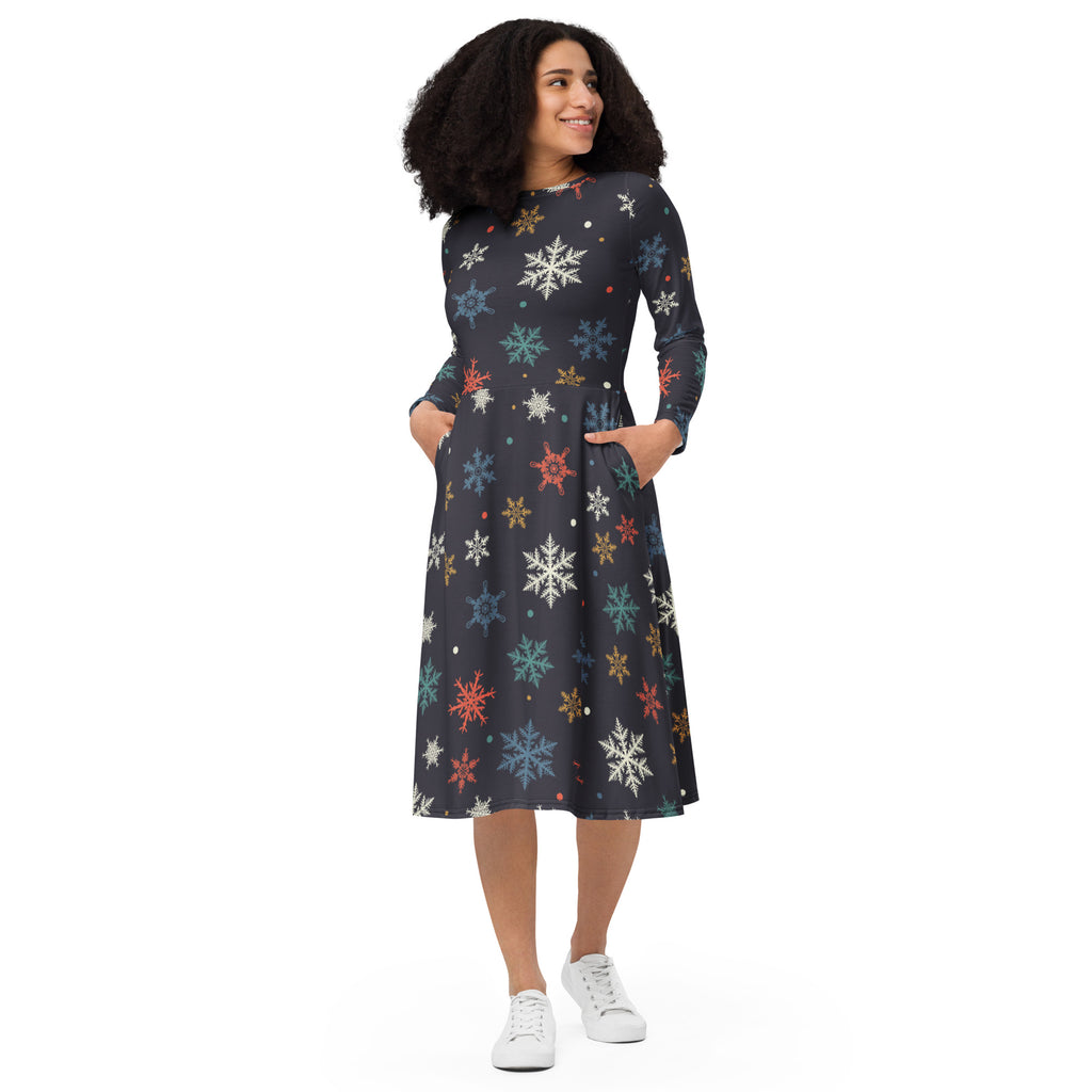 Women’s dark gray long sleeve a-line midi dress with colorful snowflake pattern and pockets
