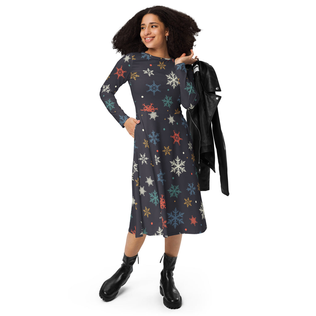 Women’s dark gray long sleeve midi dress with colorful snowflake pattern and pockets perfect for winter wear