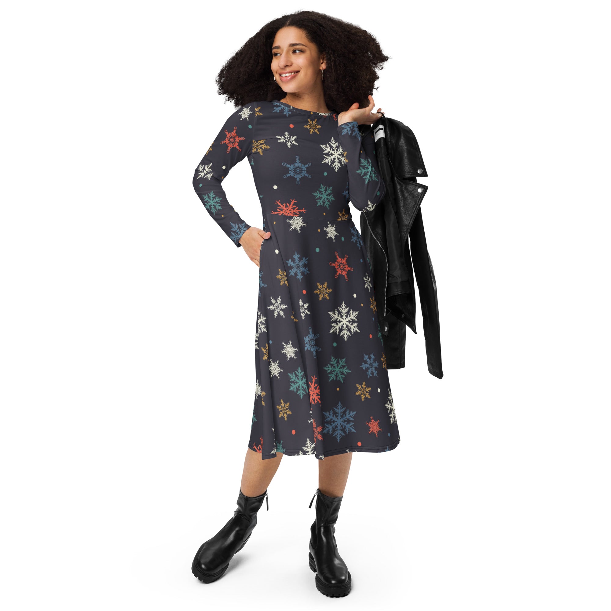 Women’s dark gray long sleeve midi dress with colorful snowflake pattern and pockets perfect for winter wear