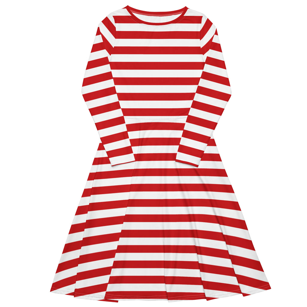 Women’s red and white striped long sleeve midi dress with pockets featuring a round neckline and flared silhouette