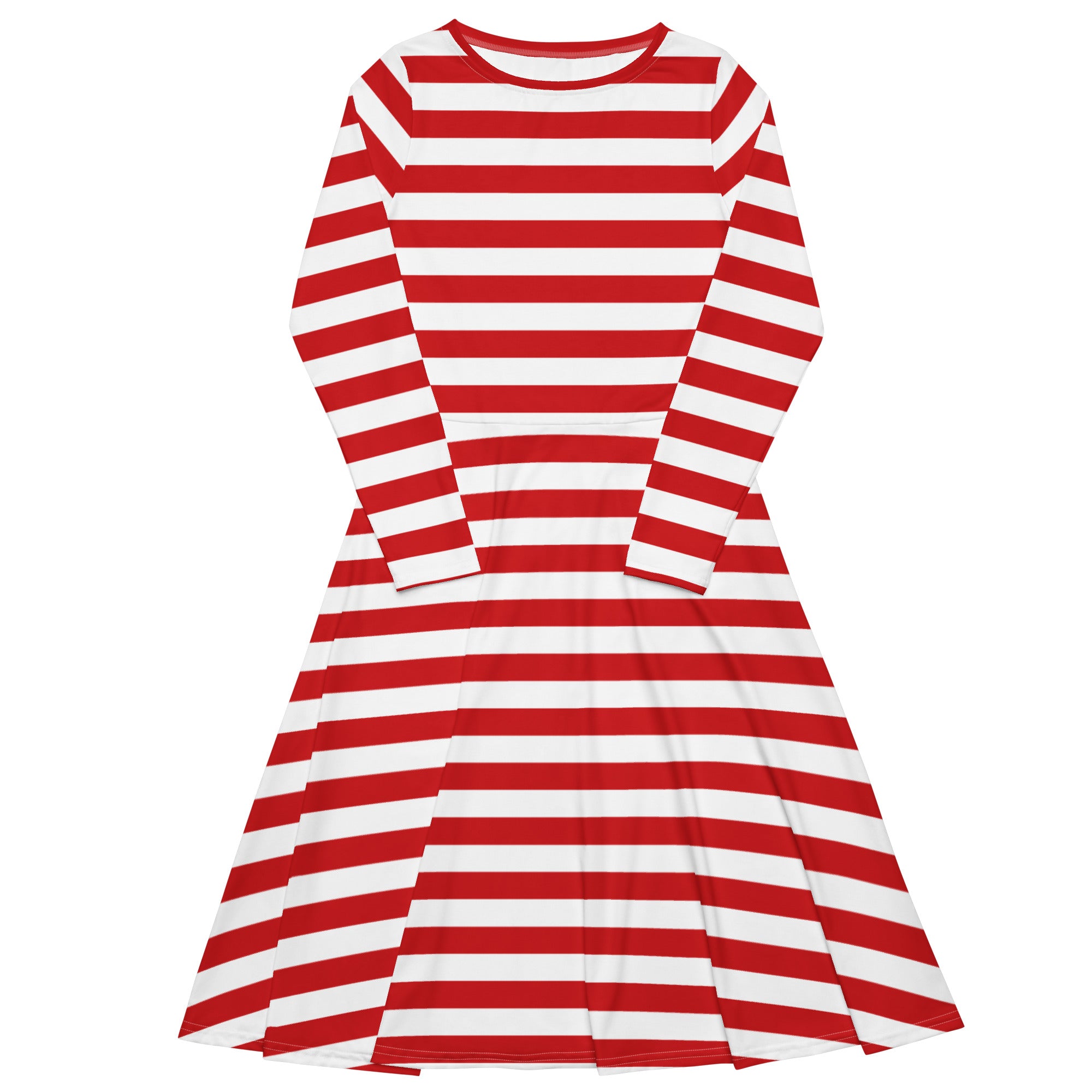 Women’s red and white striped long sleeve midi dress with pockets featuring a round neckline and flared silhouette