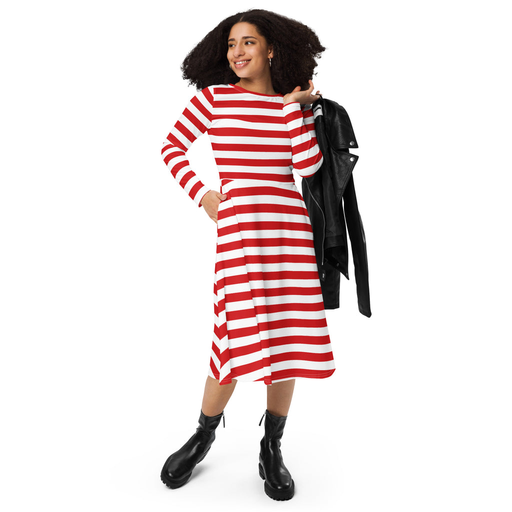 Women’s red and white striped long sleeve midi dress with pockets and round neckline in cotton blend fabric