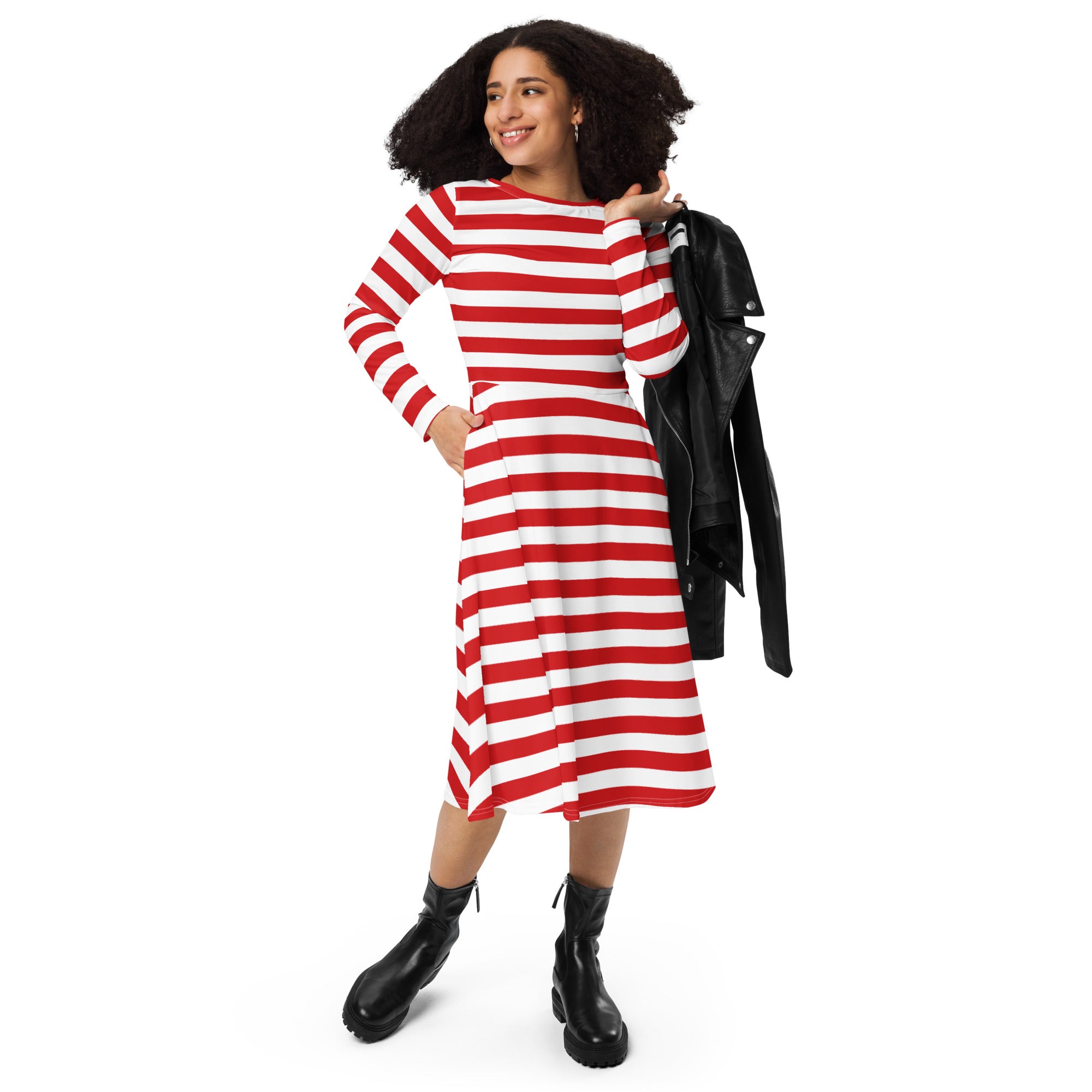Women’s red and white striped long sleeve midi dress with pockets and round neckline in cotton blend fabric