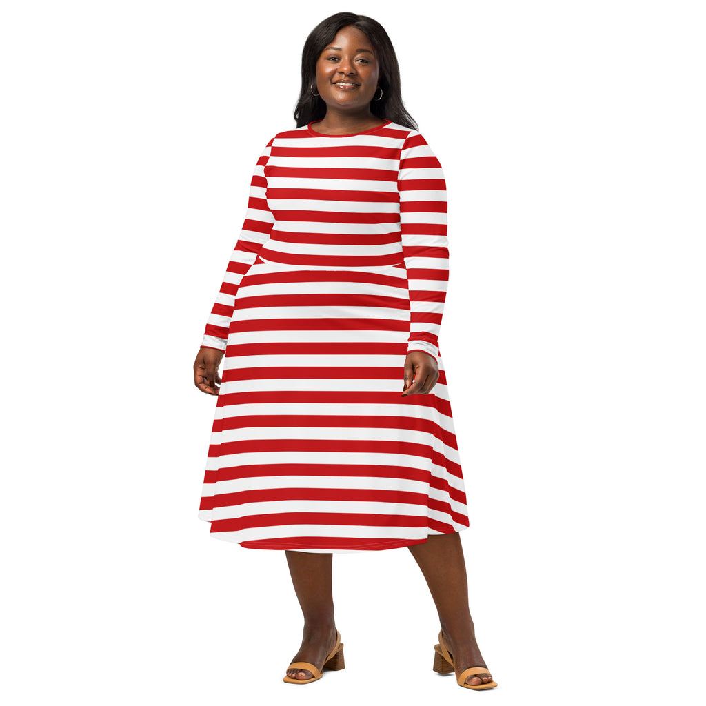 A plus-size woman wearing a women’s red and white striped long sleeve midi dress with pockets and a flared skirt