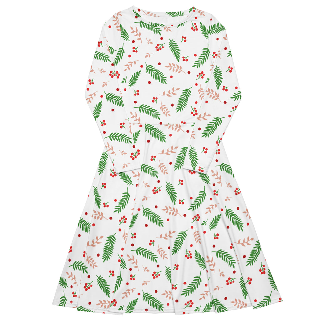 Women’s white long sleeve midi dress with pockets featuring green fern leaves and red holly berries pattern