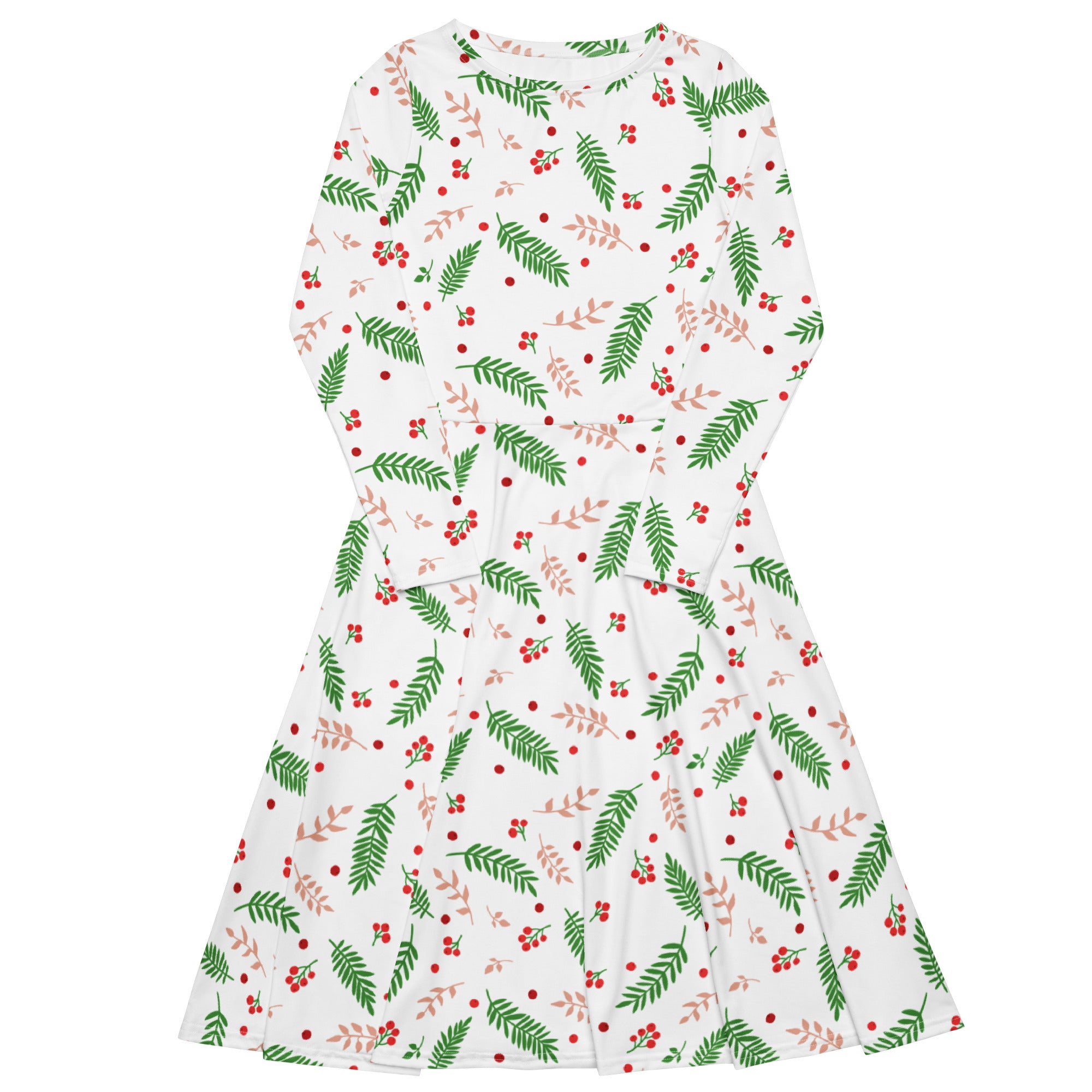 Women’s white long sleeve midi dress with pockets featuring green fern leaves and red holly berries pattern