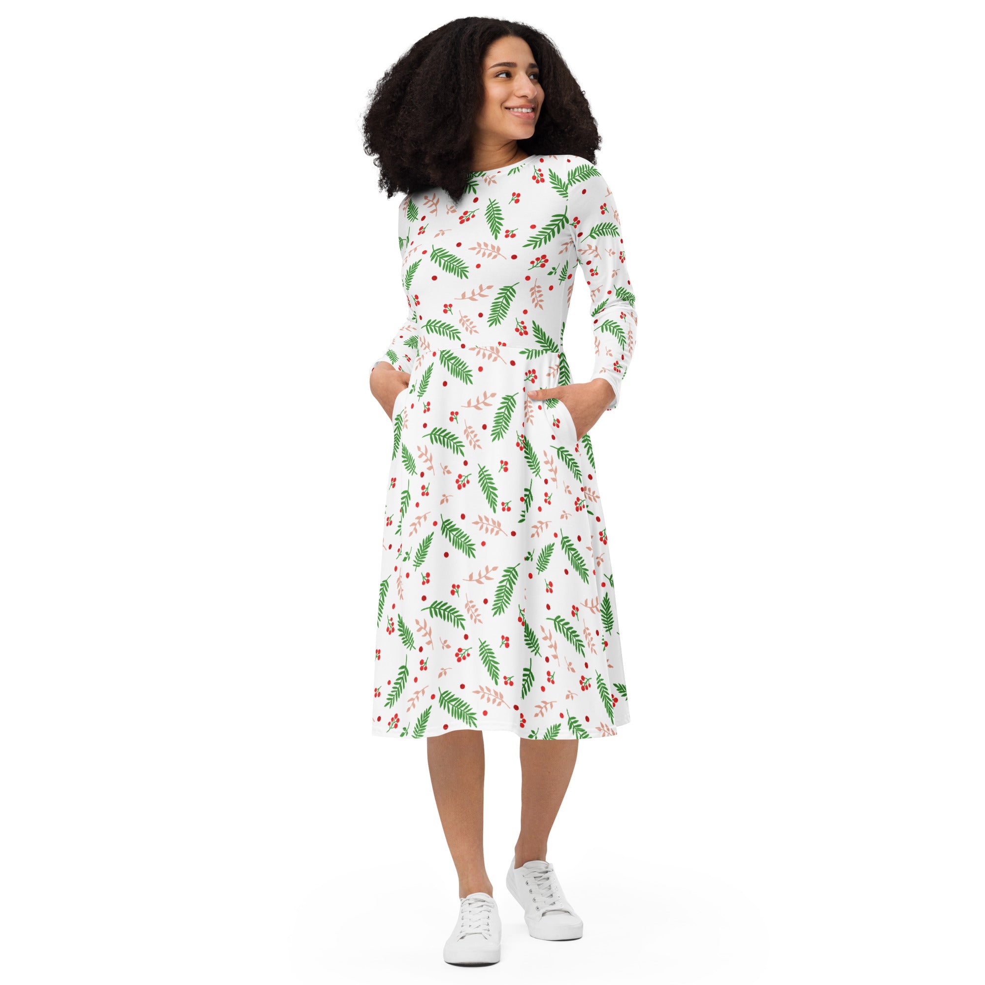 Women’s christmas holly long sleeve midi dress with pockets in white featuring green fern and red berry pattern