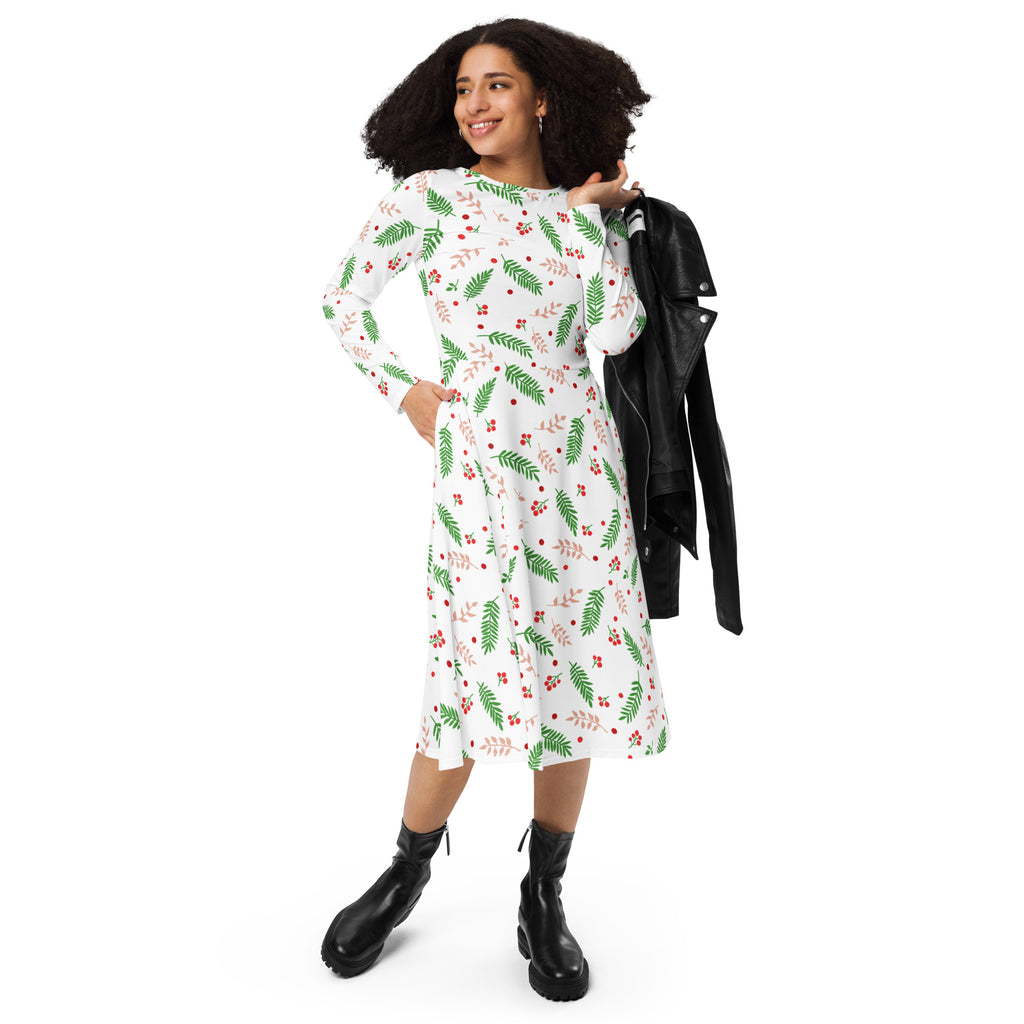White midi dress with long sleeves featuring a green leaf and red berry floral pattern perfect for christmas wear