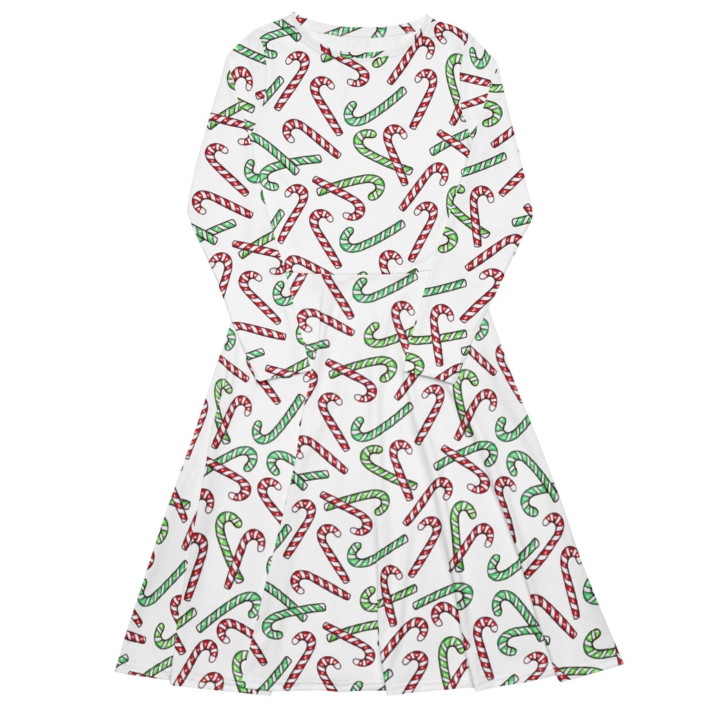 Women's Red & Green Candy Cane Christmas Long Sleeve Midi Dress With Pockets
