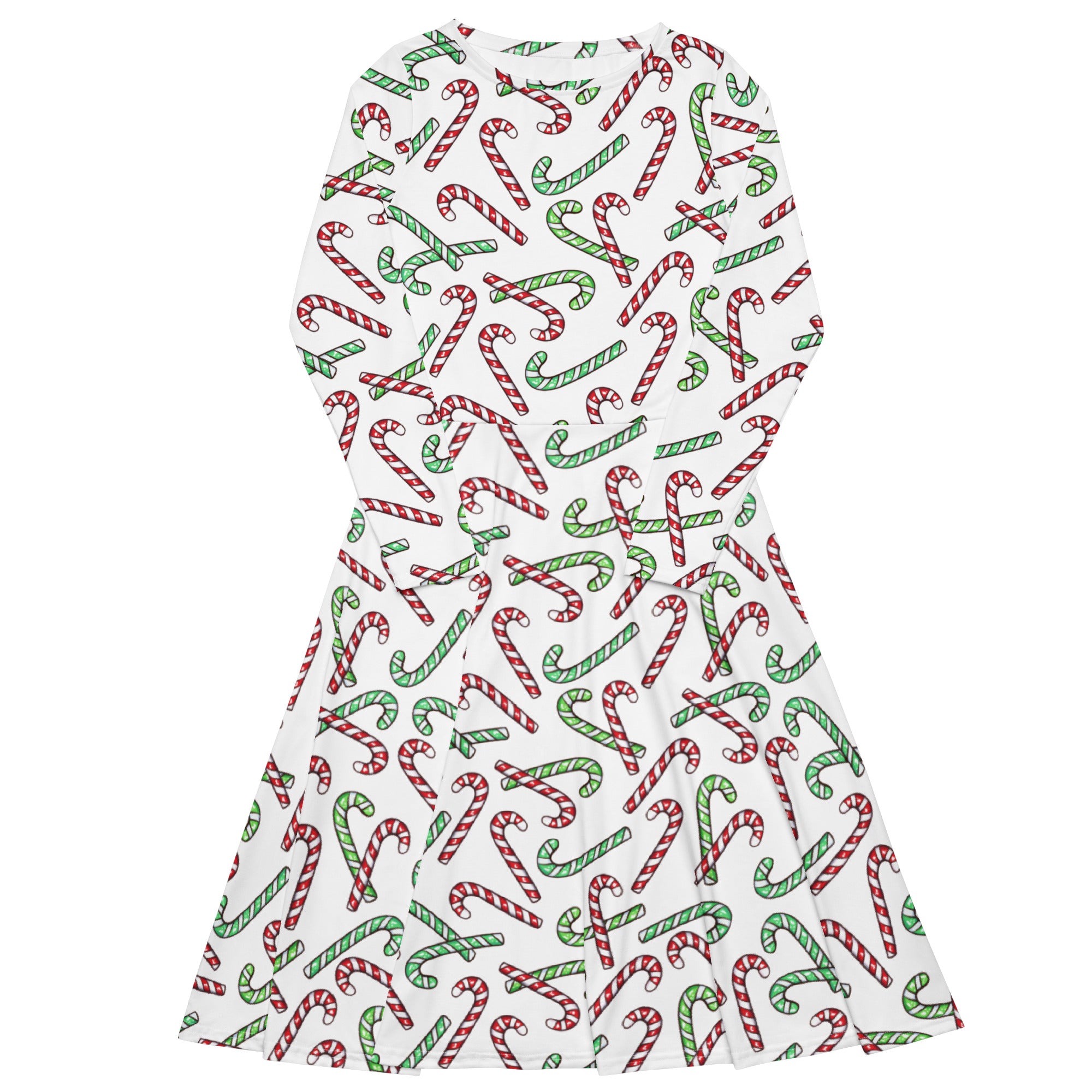 Women's Red & Green Candy Cane Christmas Long Sleeve Midi Dress With Pockets