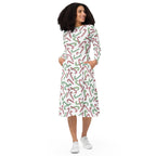 Women's Red & Green Candy Cane Christmas Long Sleeve Midi Dress With Pockets