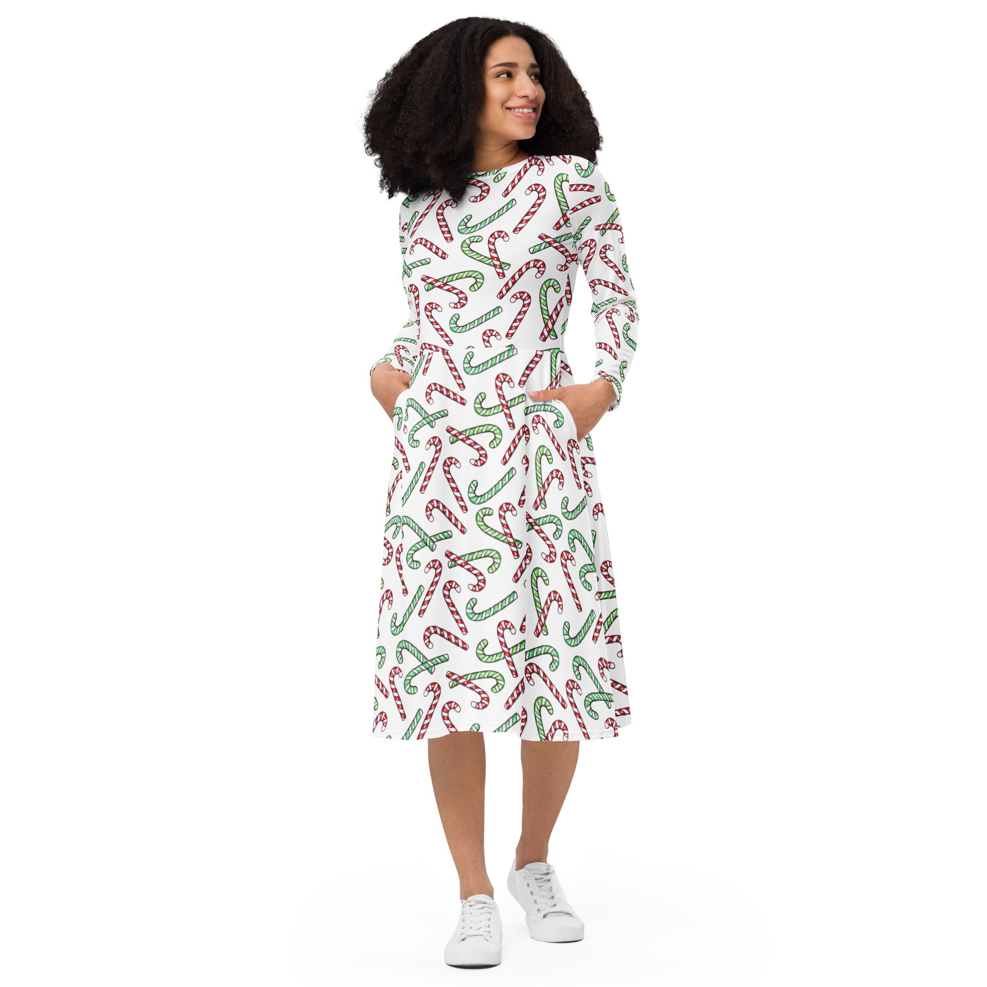 Women's Red & Green Candy Cane Christmas Long Sleeve Midi Dress With Pockets