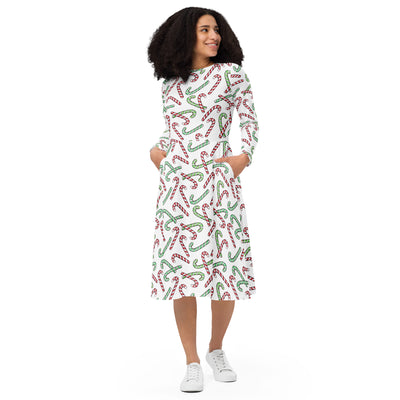 Women's Red & Green Candy Cane Christmas Long Sleeve Midi Dress With Pockets