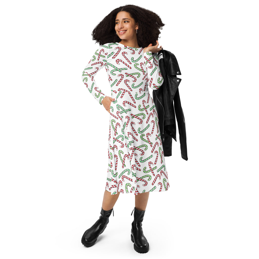 Women's Red & Green Candy Cane Christmas Long Sleeve Midi Dress With Pockets