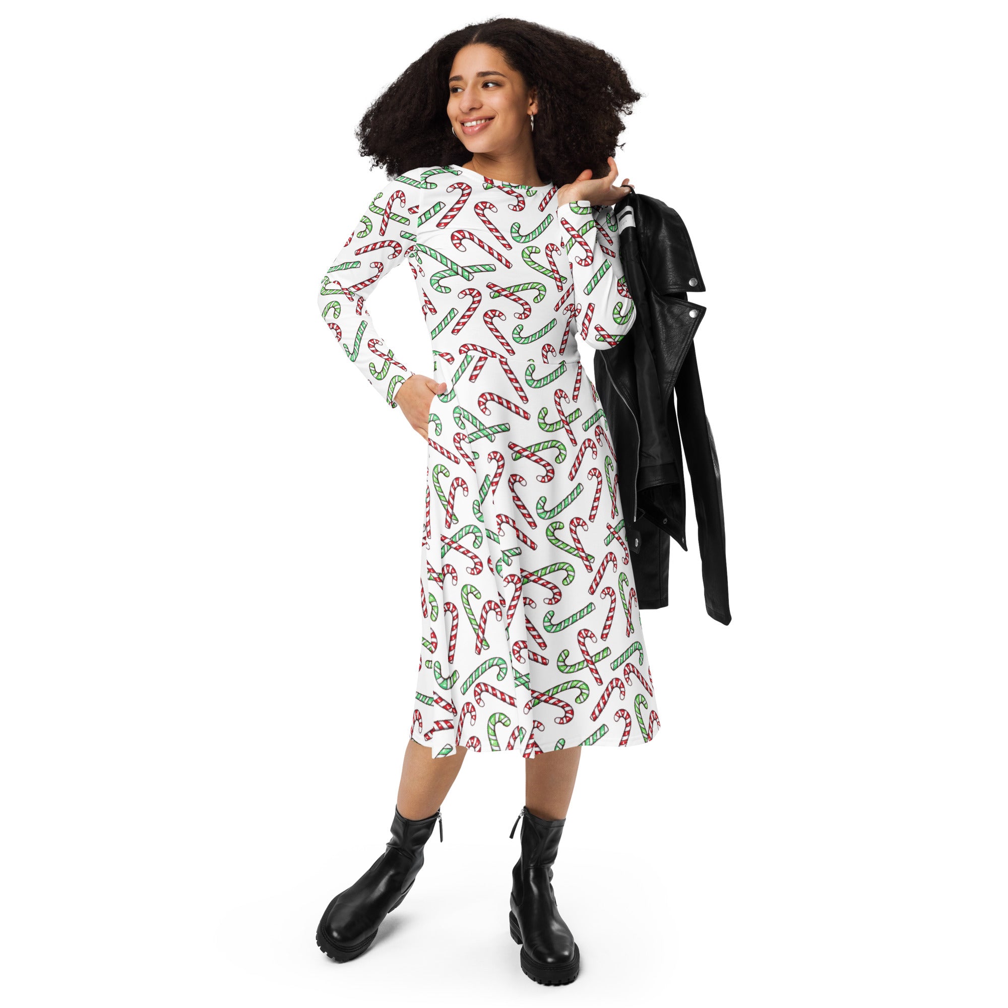 Women's Red & Green Candy Cane Christmas Long Sleeve Midi Dress With Pockets