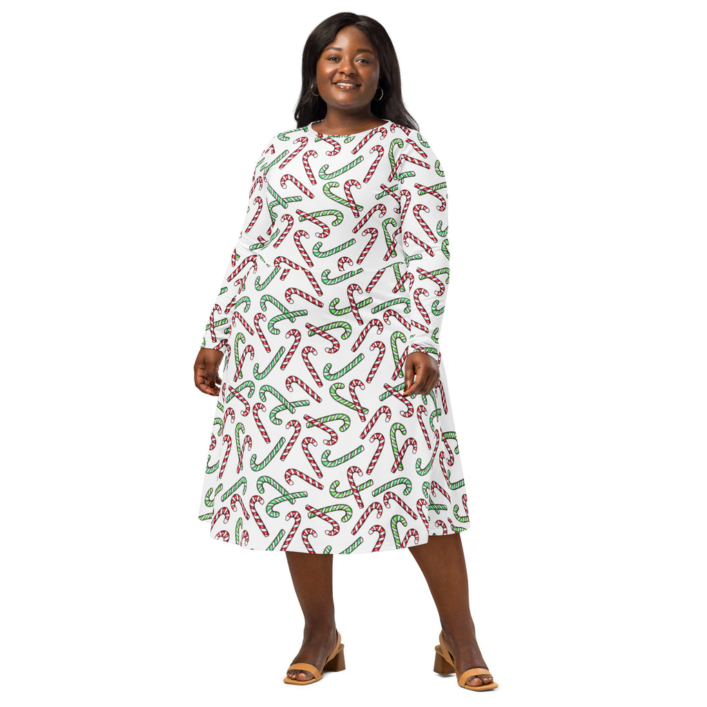 Women's Red & Green Candy Cane Christmas Long Sleeve Midi Dress With Pockets