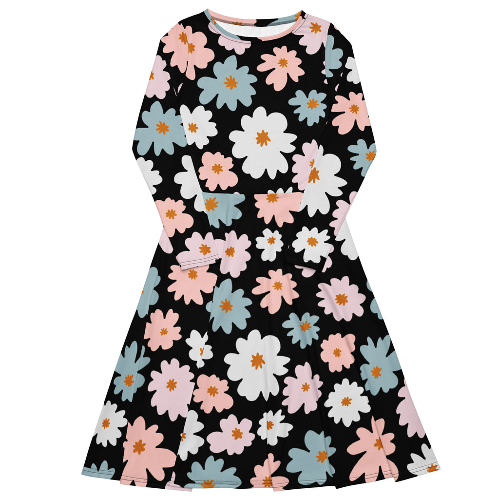 Women’s retro floral long sleeve midi dress with pockets black fabric adorned with pink white and light blue flowers