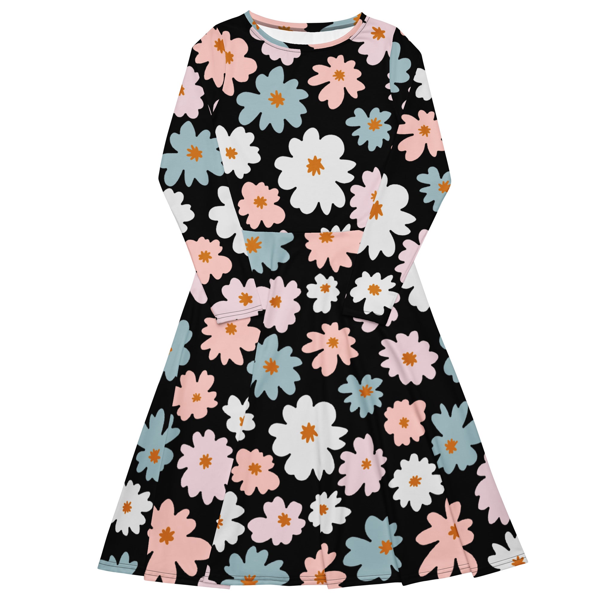 Women’s retro floral long sleeve midi dress with pockets black fabric adorned with pink white and light blue flowers