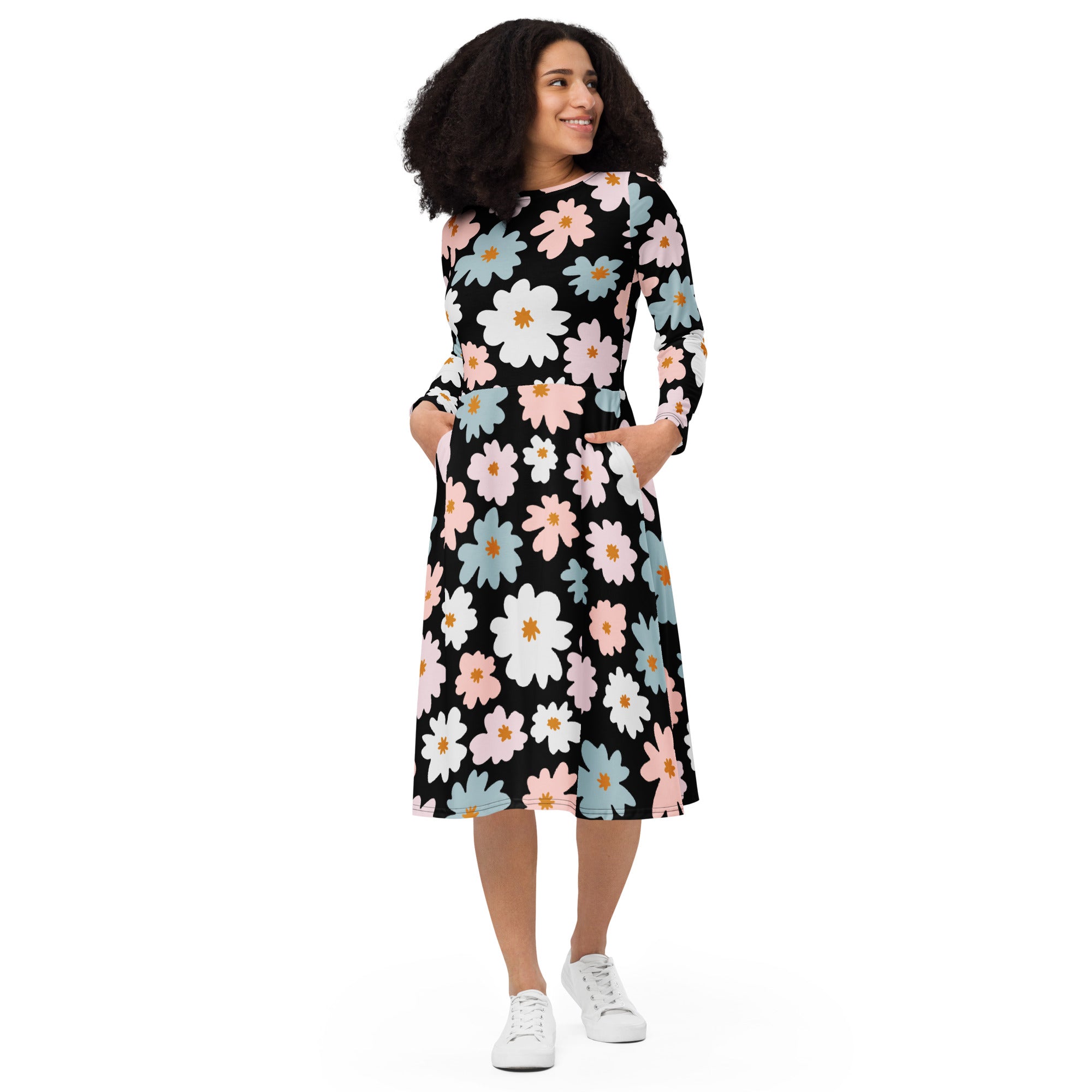 Women’s retro floral long sleeve midi dress in black with vibrant white pink and light blue floral pattern and pockets
