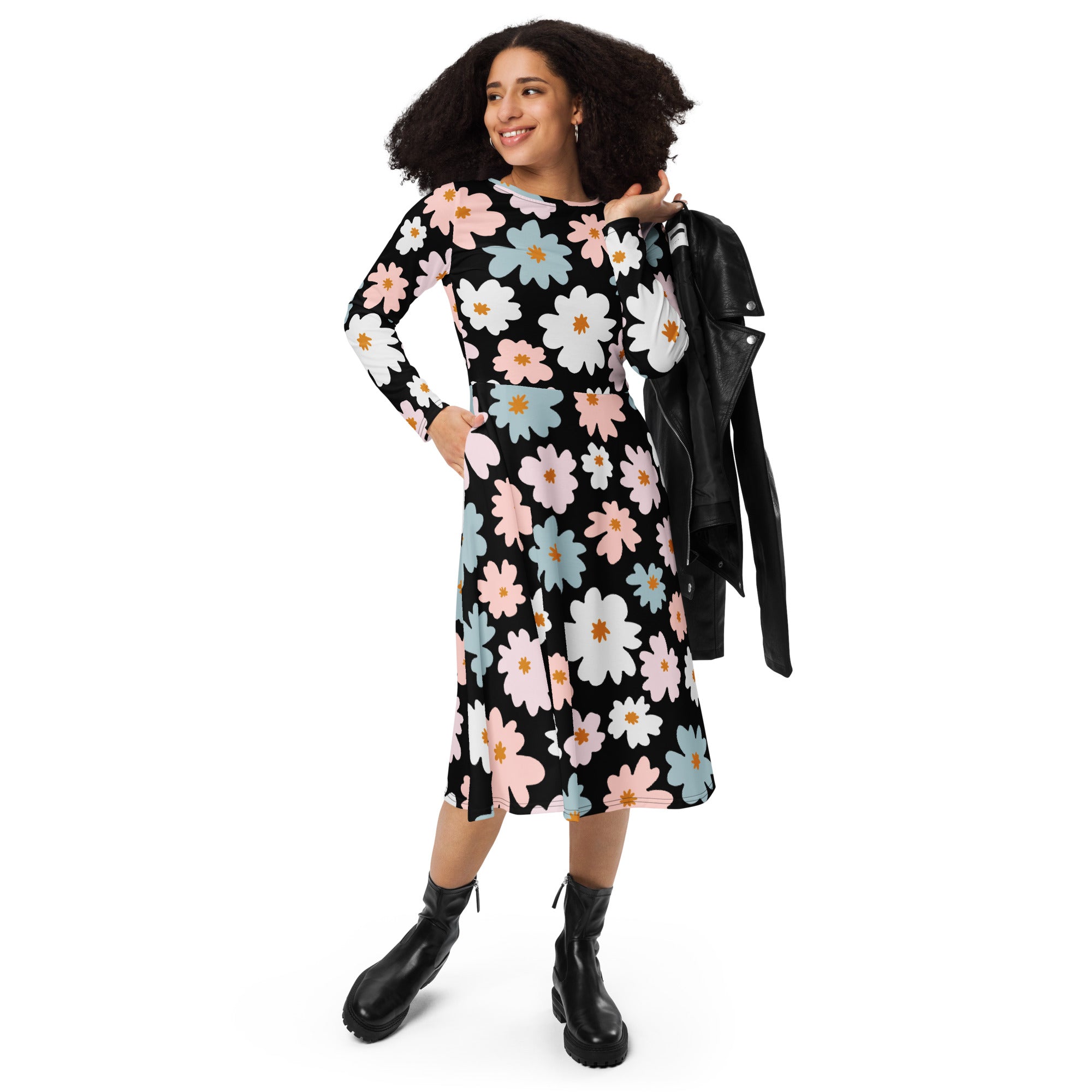 Women’s retro floral long sleeve black midi dress with vibrant pink white blue daisy pattern and pockets
