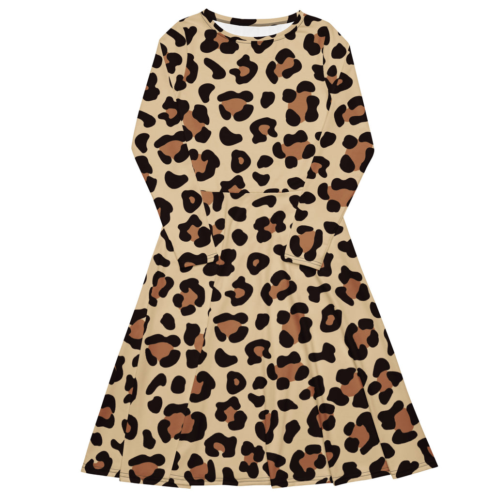 Women's Leopard Print Long Sleeve Midi Dress With Pockets