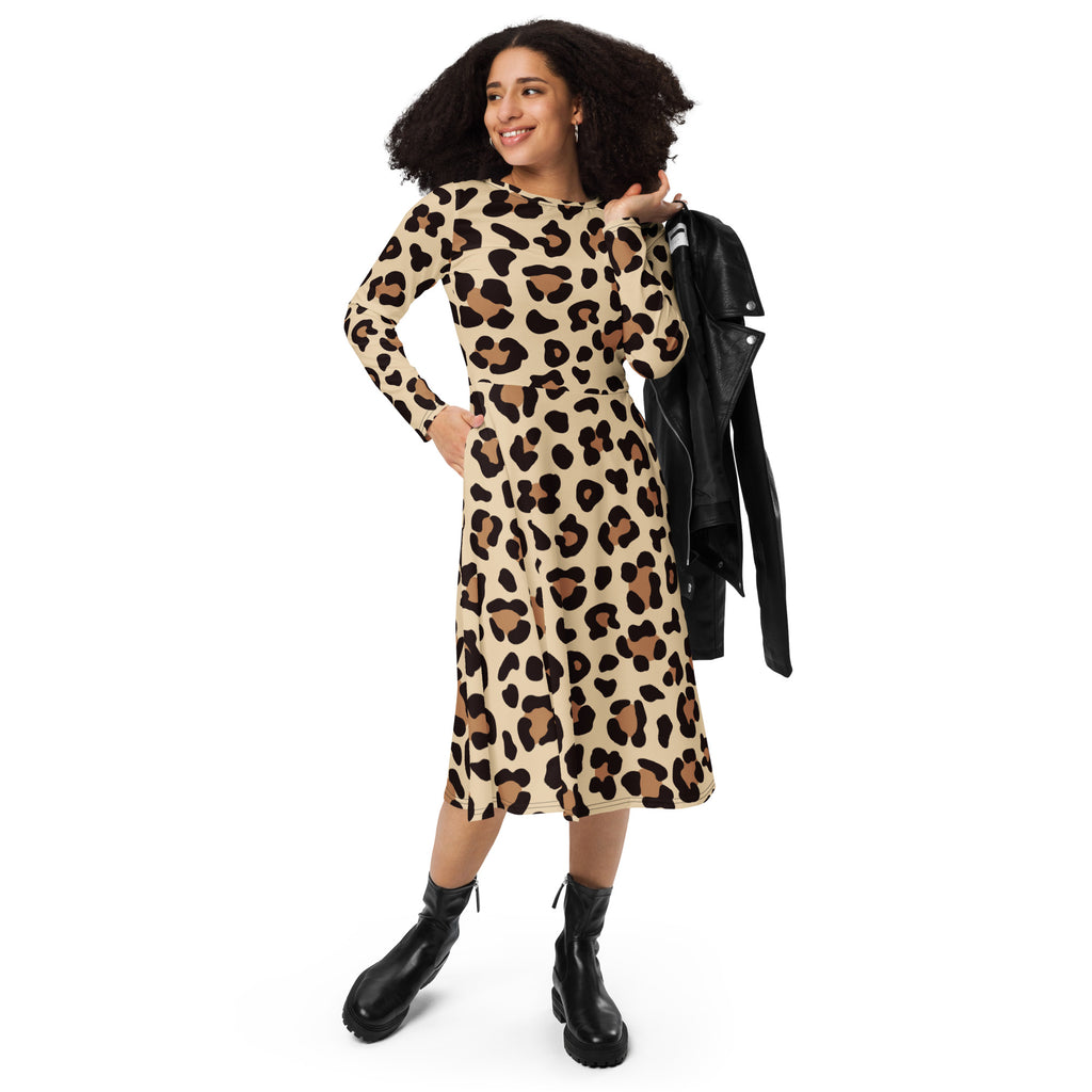Women's Leopard Print Long Sleeve Midi Dress With Pockets