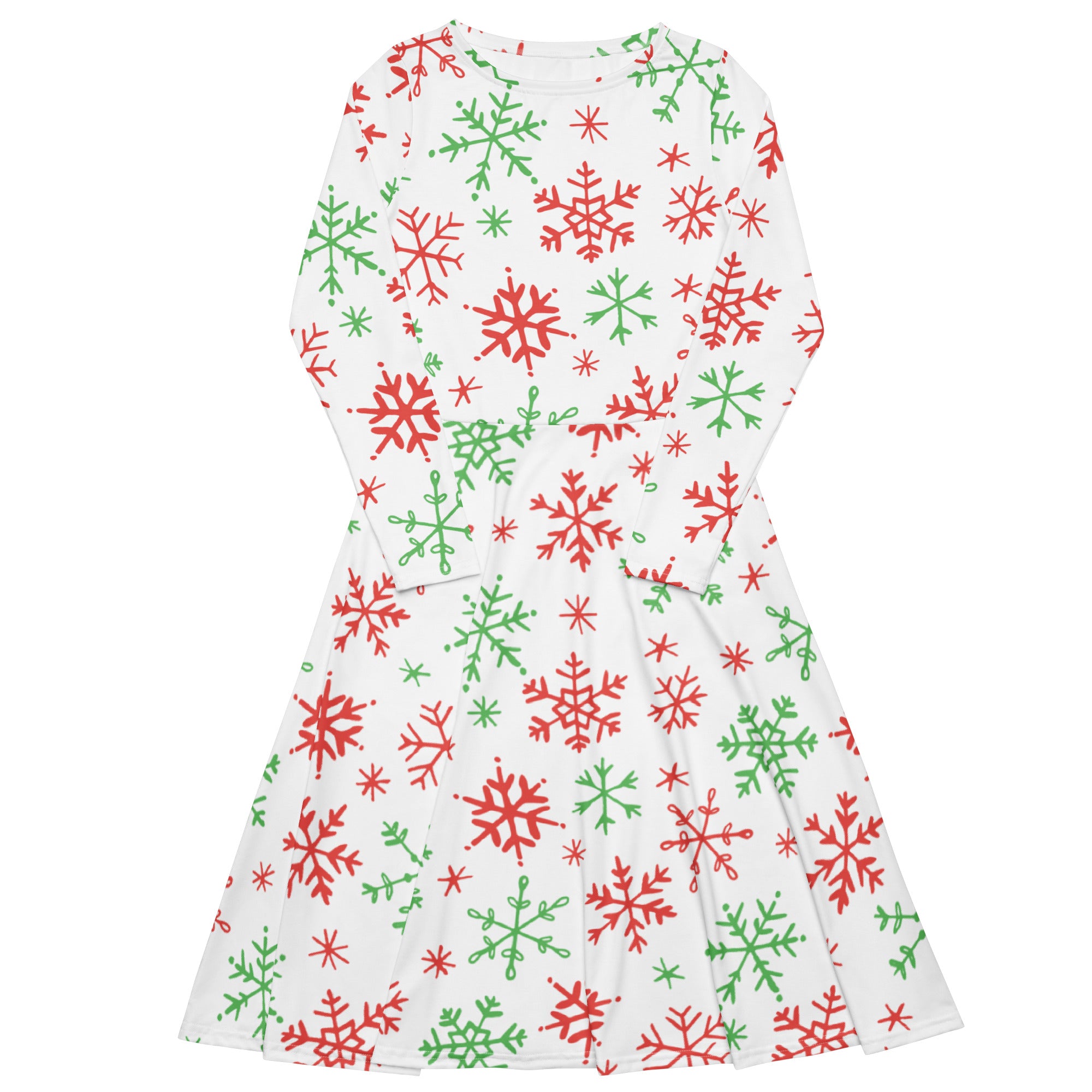 Women’s white long sleeve midi dress with red and green snowflake pattern perfect for festive Christmas wear