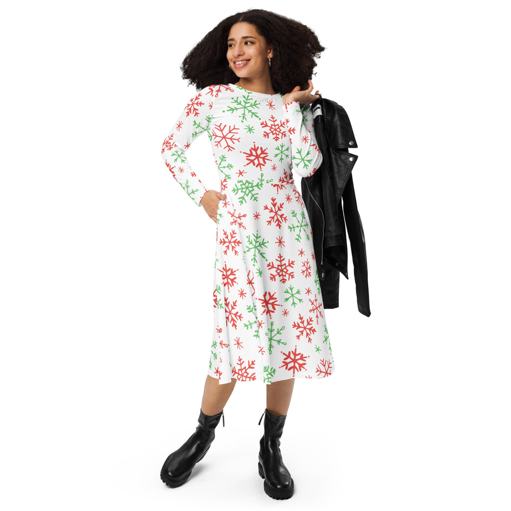 Women’s white midi dress with red and green snowflake pattern long sleeves flattering fit and pockets for christmas