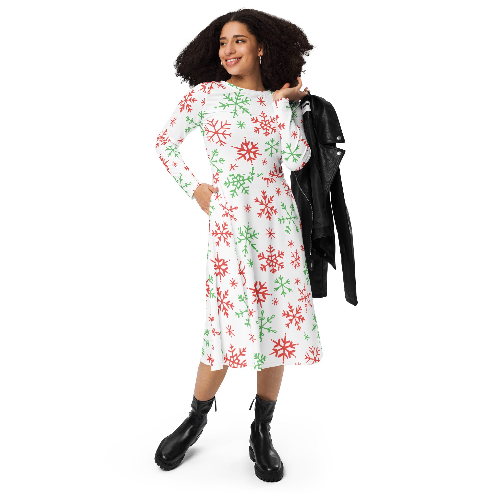 Women’s white midi dress with red and green snowflake pattern long sleeves flattering fit and pockets for christmas
