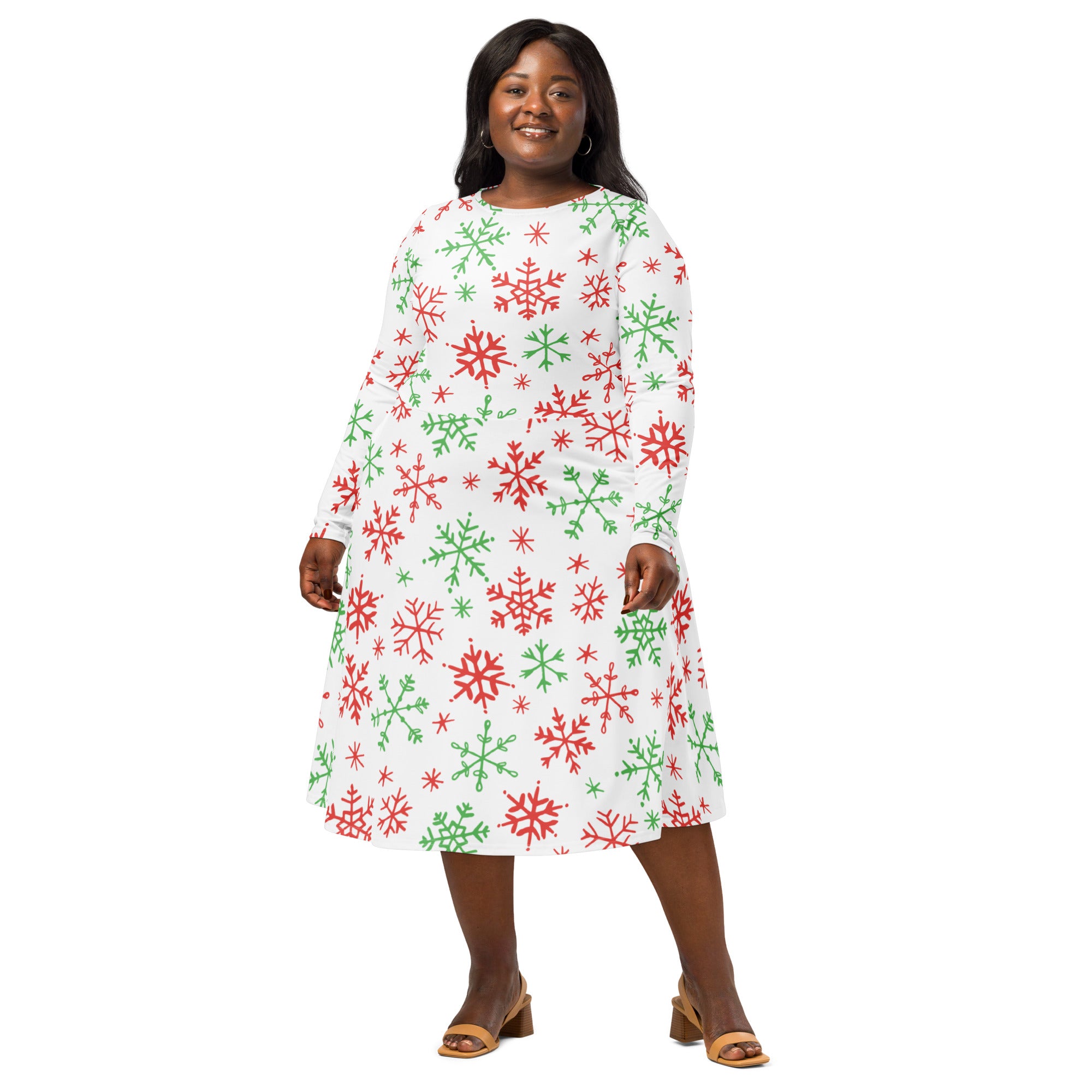 Women’s white festive midi dress with red and green snowflake pattern long sleeves flared skirt and pockets