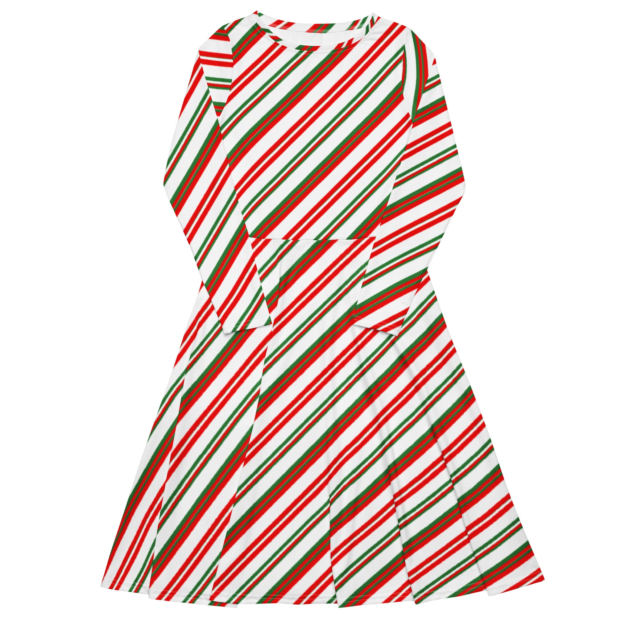 Women’s candy cane stripe long sleeve midi dress with pockets featuring festive red green and white diagonal stripes