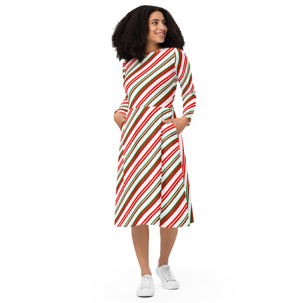 Women’s candy cane stripe long sleeve midi dress with pockets featuring festive red green and white diagonal stripes