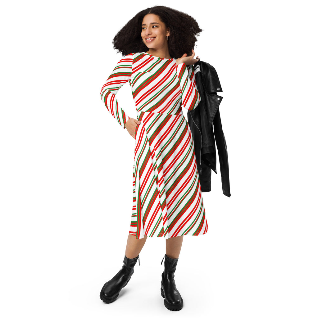 Women’s candy cane stripe long sleeve midi dress with pockets featuring bold red green and white diagonal stripes