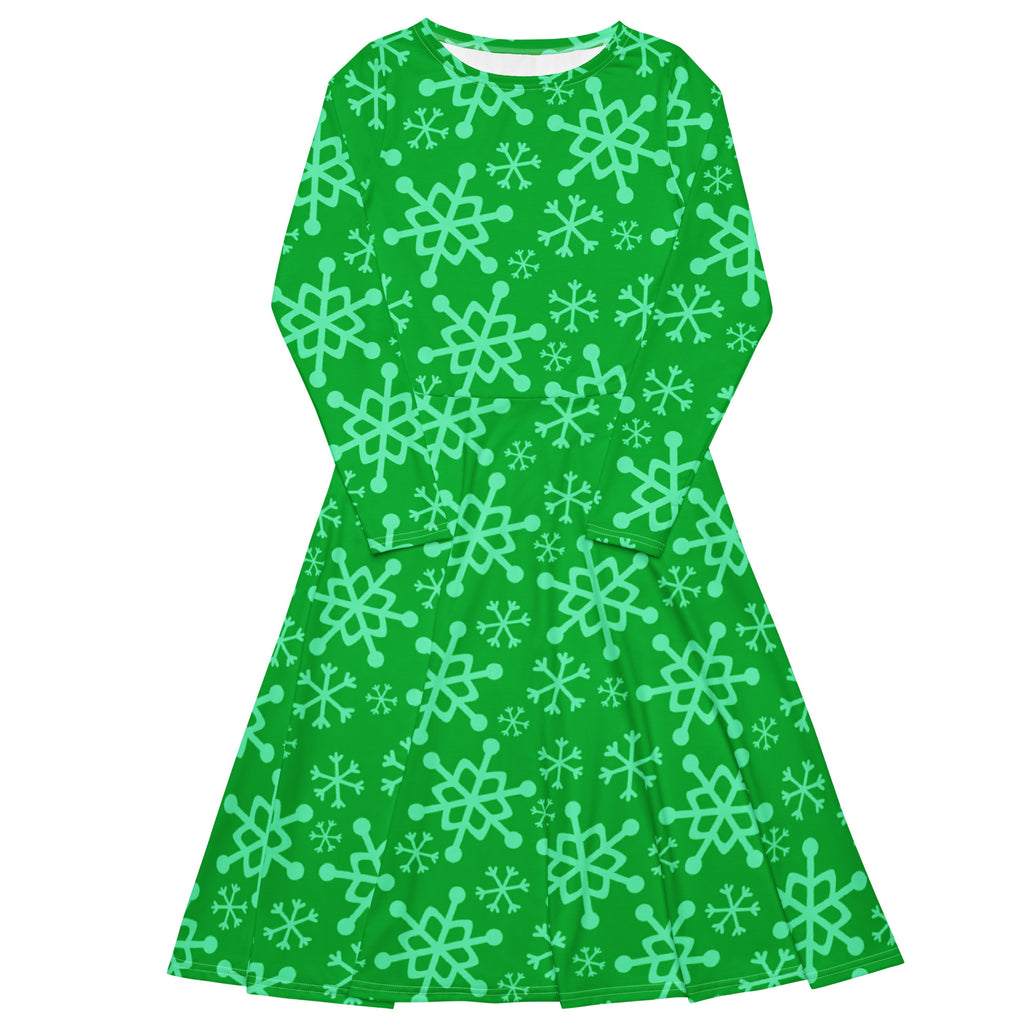 Women’s green long sleeve a-line midi dress with playful light mint snowflake pattern and convenient pockets