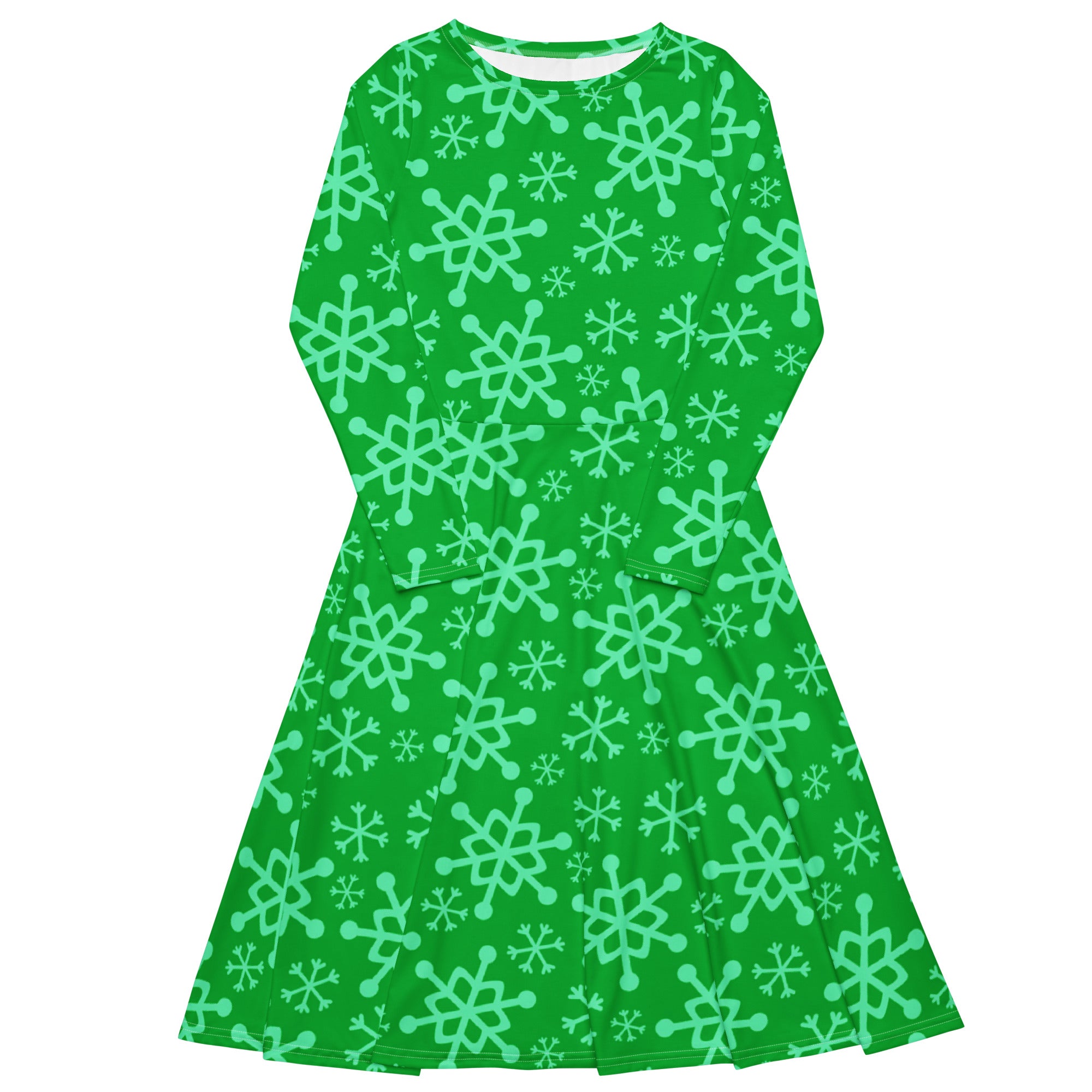 Women’s green long sleeve a-line midi dress with playful light mint snowflake pattern and convenient pockets