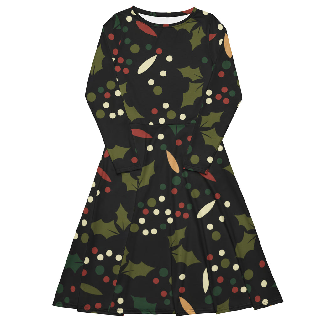 Women’s dark holly berry long sleeve midi dress with pockets featuring a festive pattern of green holly leaves and berries