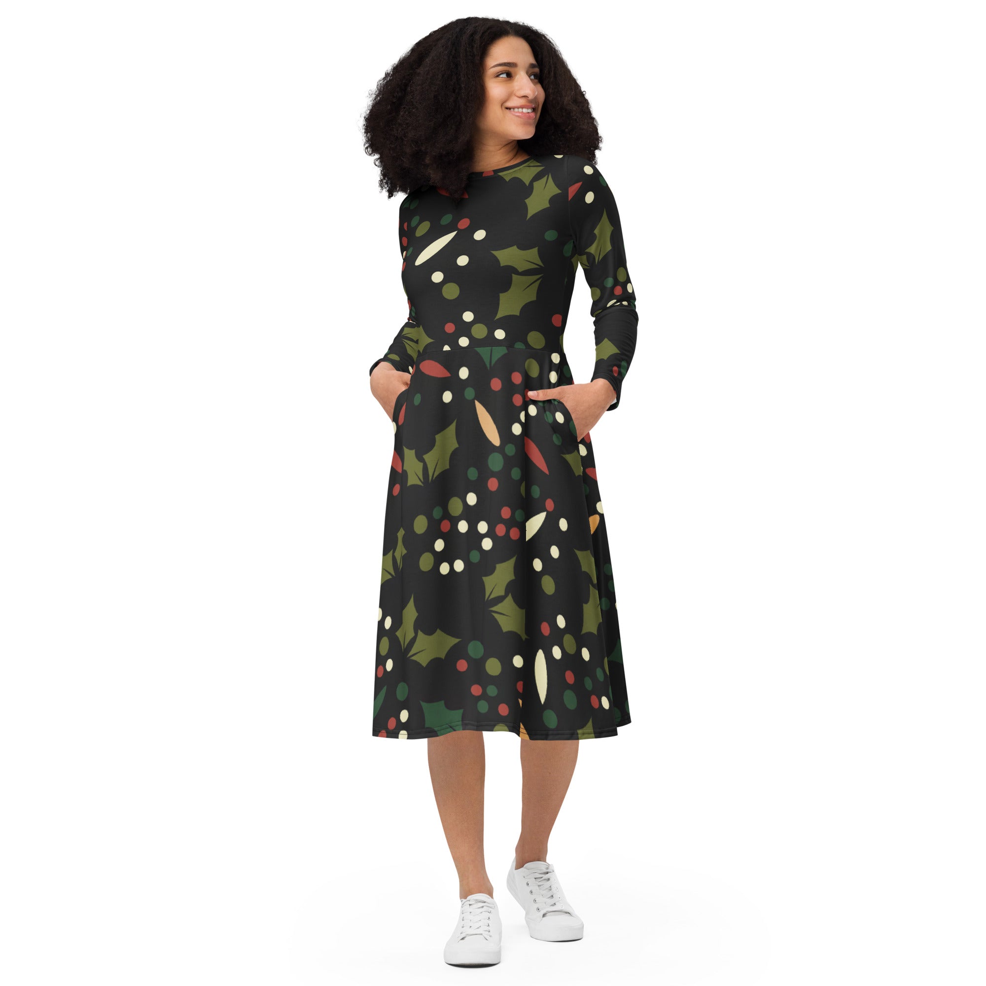 Women’s dark holly berry long sleeve midi dress with pockets featuring green holly leaves red and white berries festive pattern