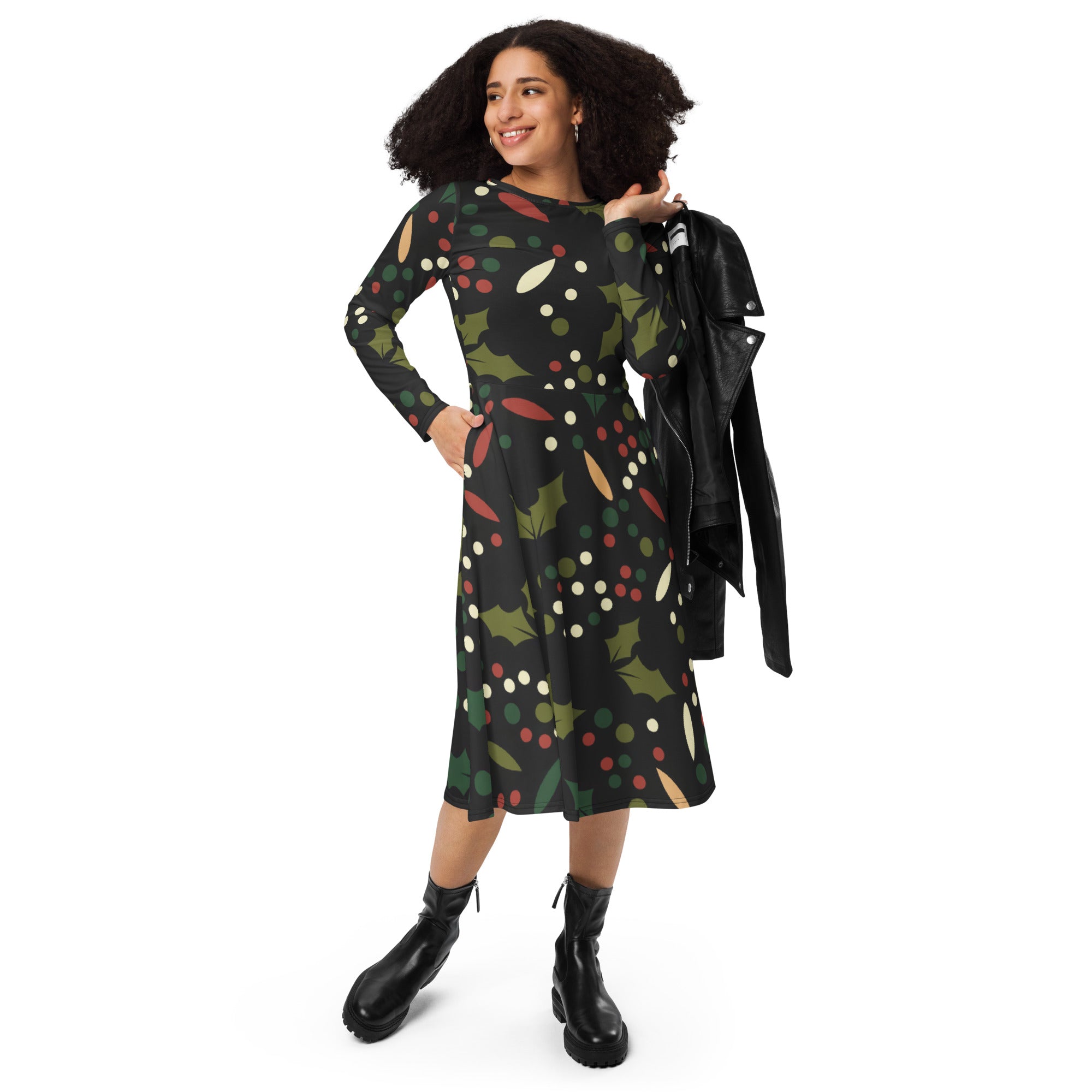 Women’s dark holly berry long sleeve midi dress with pockets featuring festive black fabric with green holly leaves red berries and white polka dots