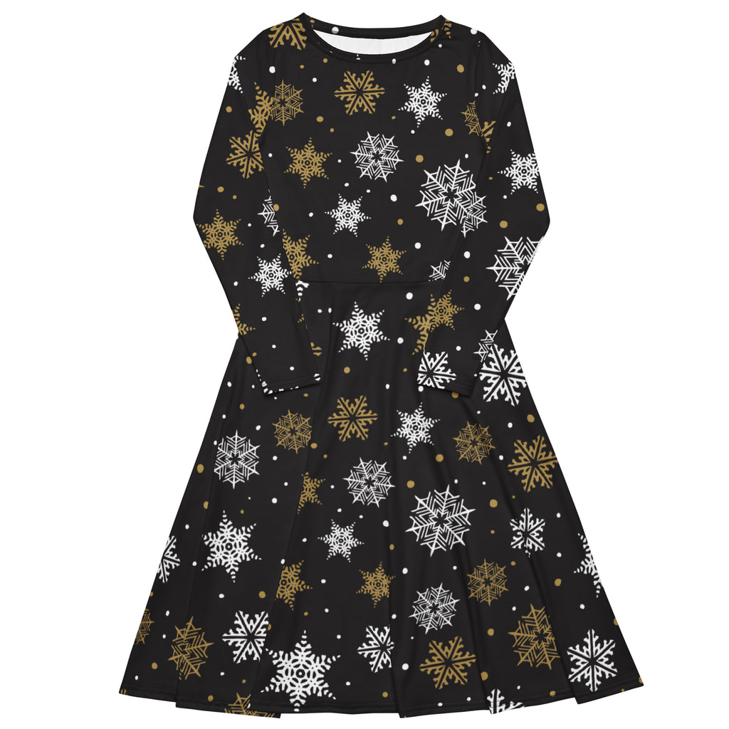 Black long sleeve a-line midi dress with white and gold snowflake pattern and pockets for winter wear