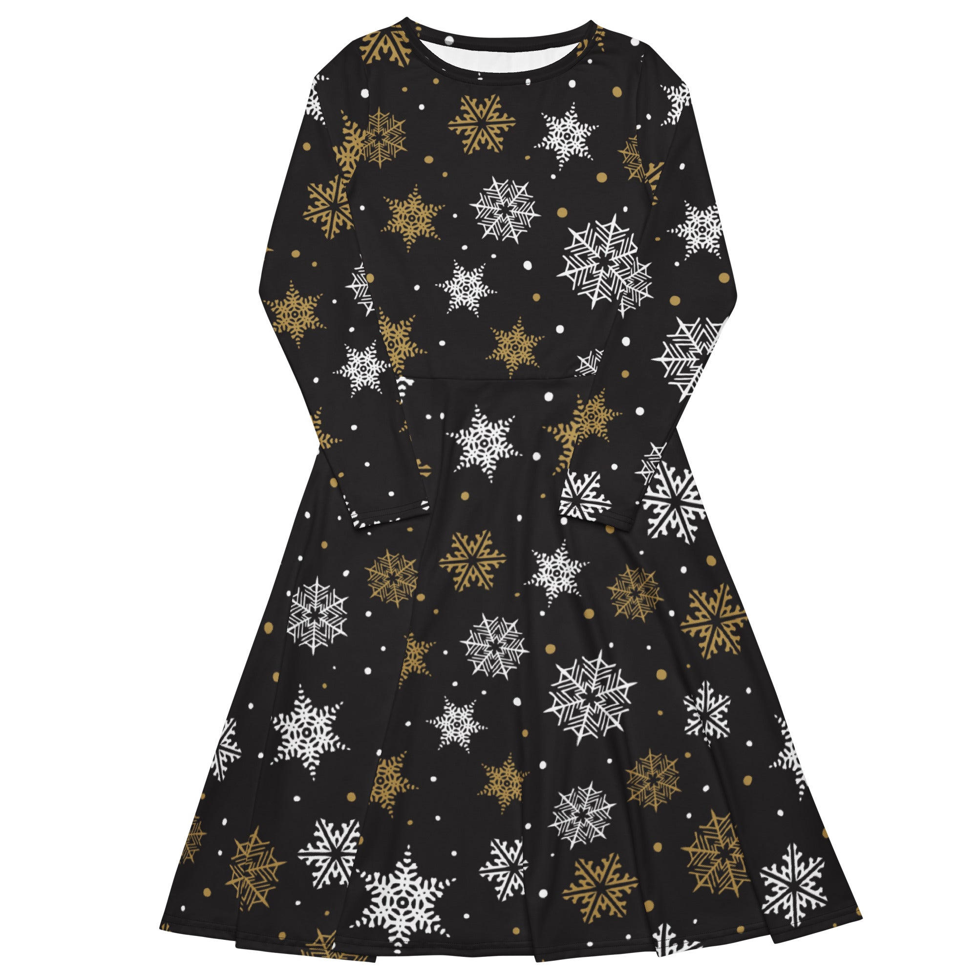 Black long sleeve a-line midi dress with white and gold snowflake pattern and pockets for winter wear