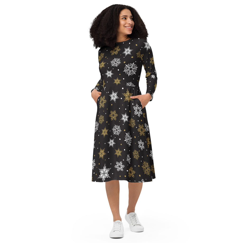 Black midi dress with white and gold snowflake patterns long sleeves and pockets for women