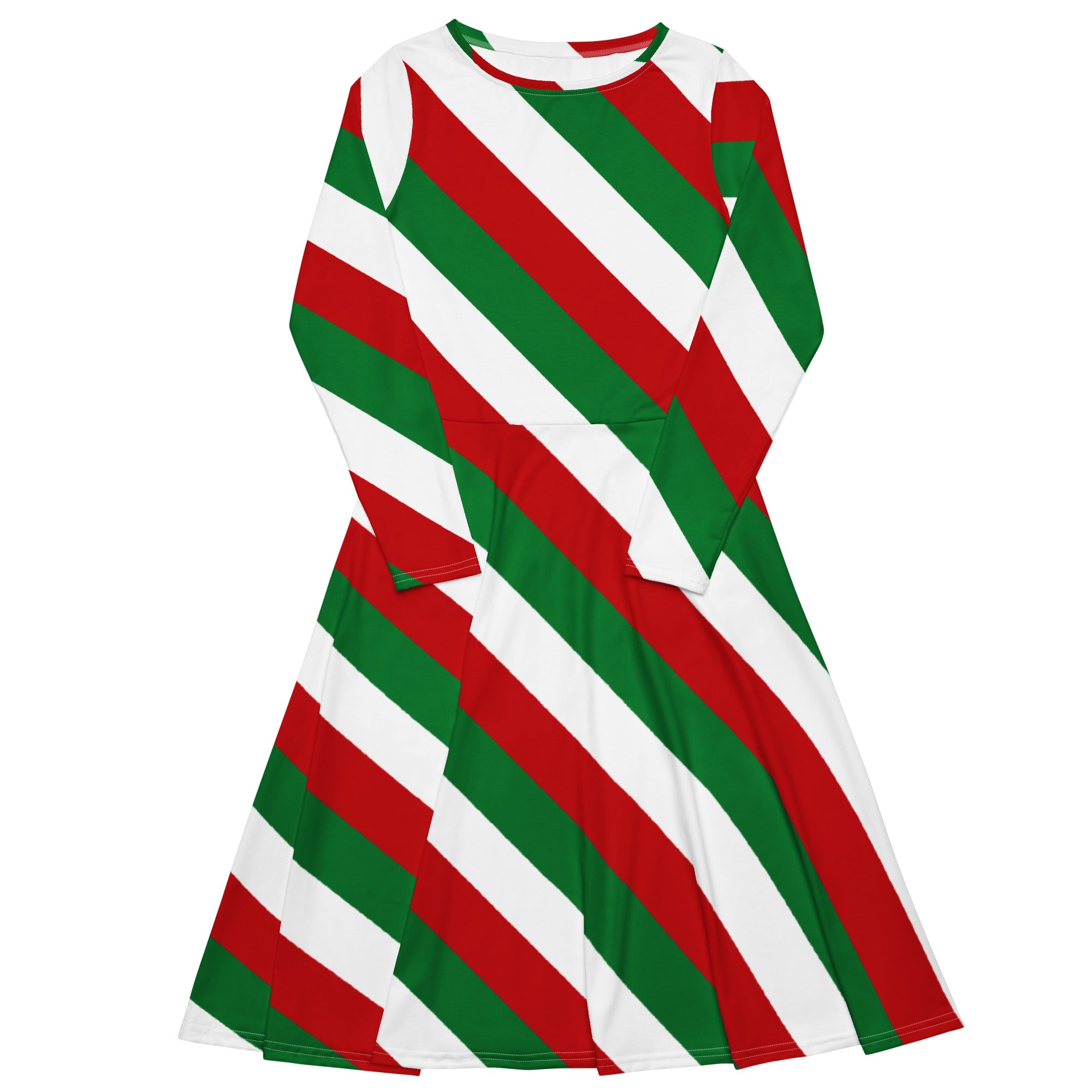 A festive long-sleeved a-line dress featuring bold diagonal stripes of red, green, and white.