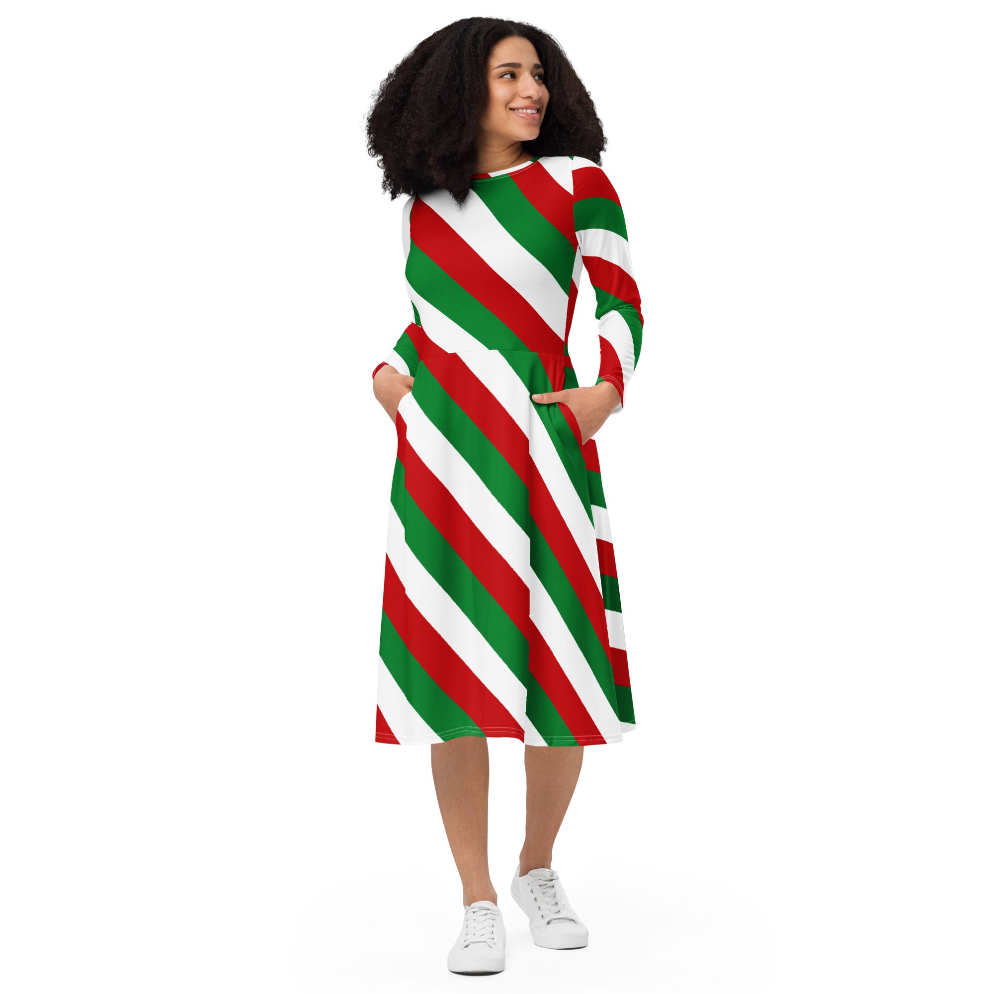 Women’s christmas candy cane stripe long sleeve midi dress with bold red green and white diagonal stripes and pockets