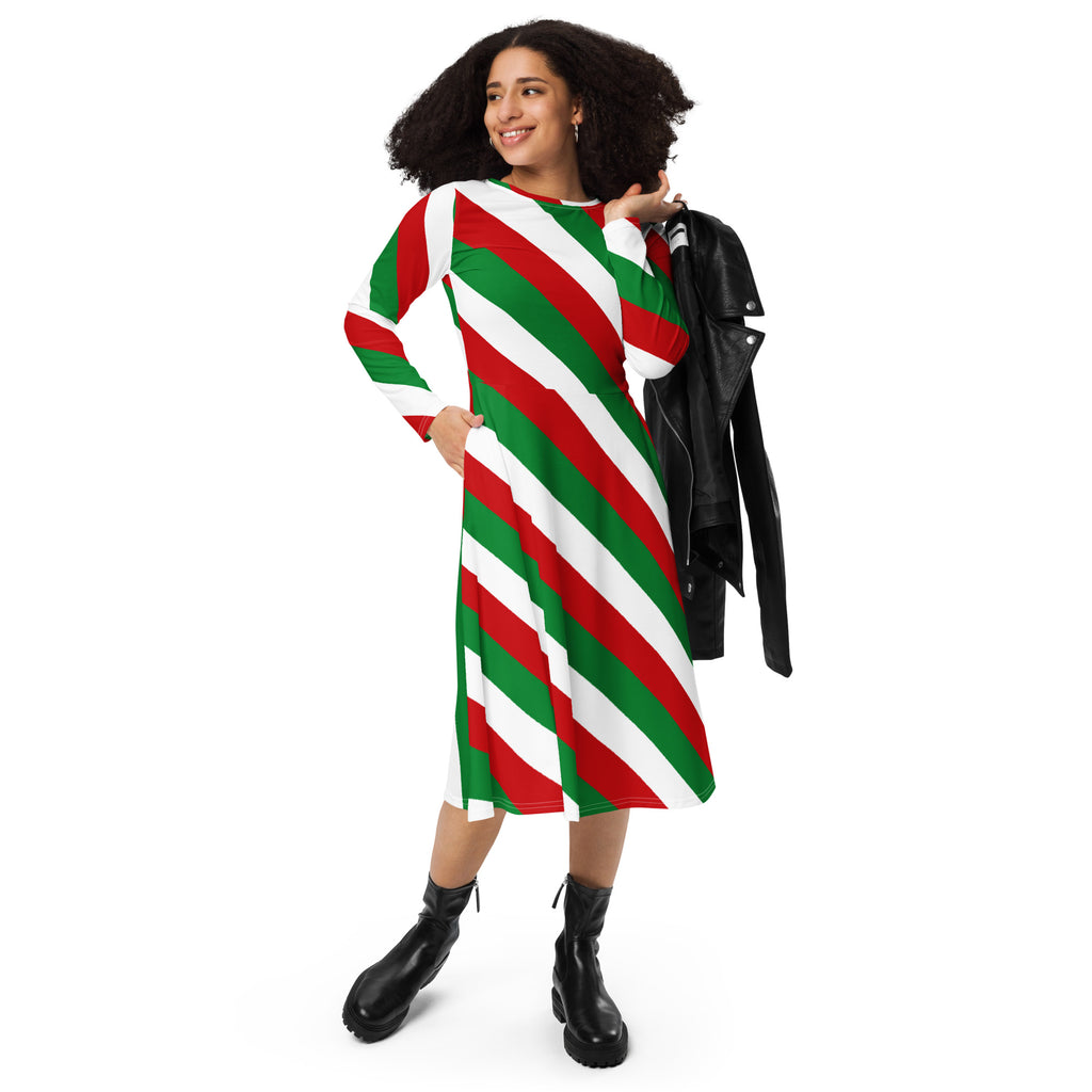 Women’s christmas candy cane stripe long sleeve midi dress with pockets featuring bold red green and white diagonal stripes